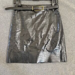 Dazzle Skirt Women Small Black Croc Embossed Faux Leather Belted Mini 2G4S215